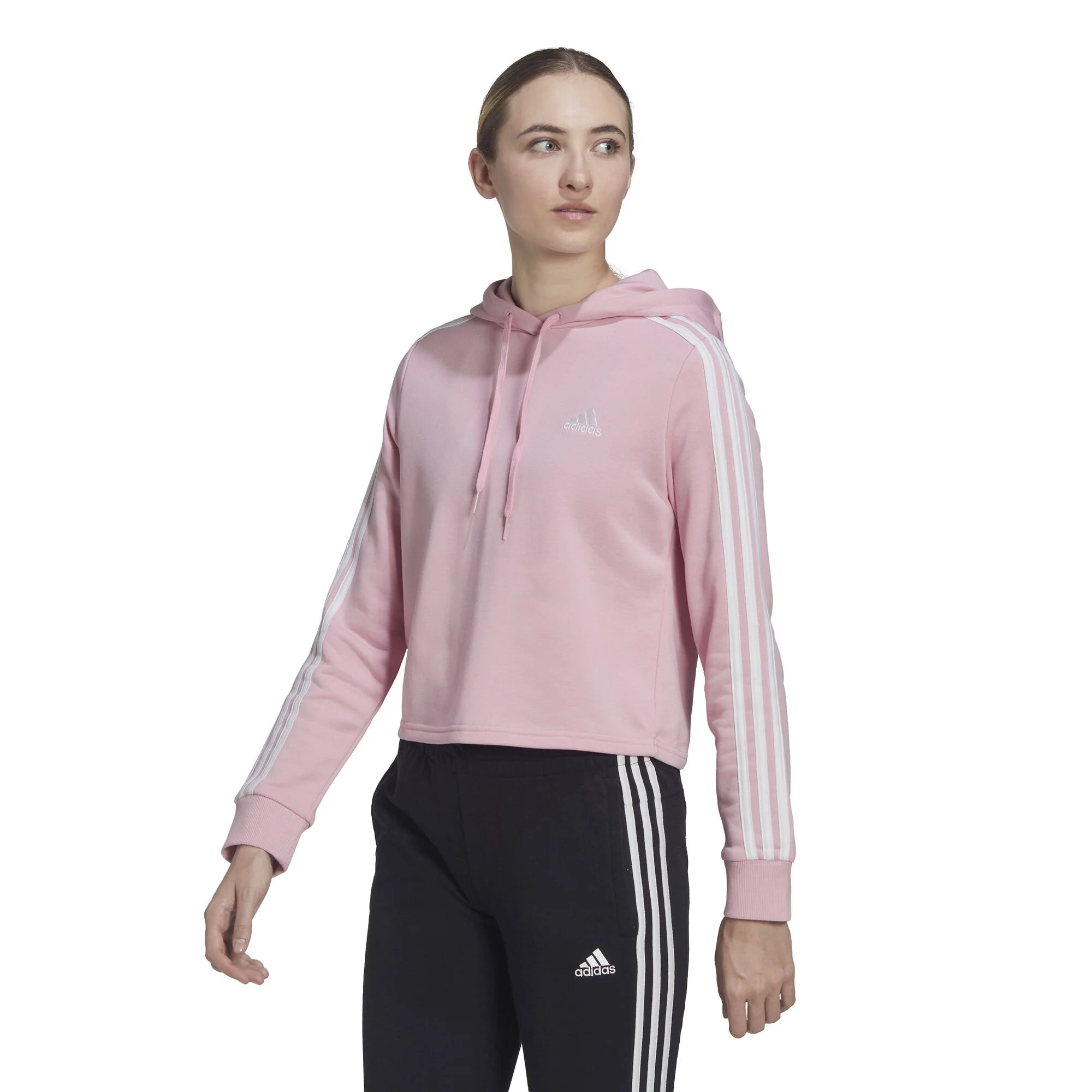 ADIDAS 3 Stripes French Terry Cropped Felpa Con Cappuccio Donna - Rosa, Bianco 2 ADIDAS 3 Stripes French Terry Cropped Felpa Con Cappuccio Donna - Rosa, Bianco - immagine 2