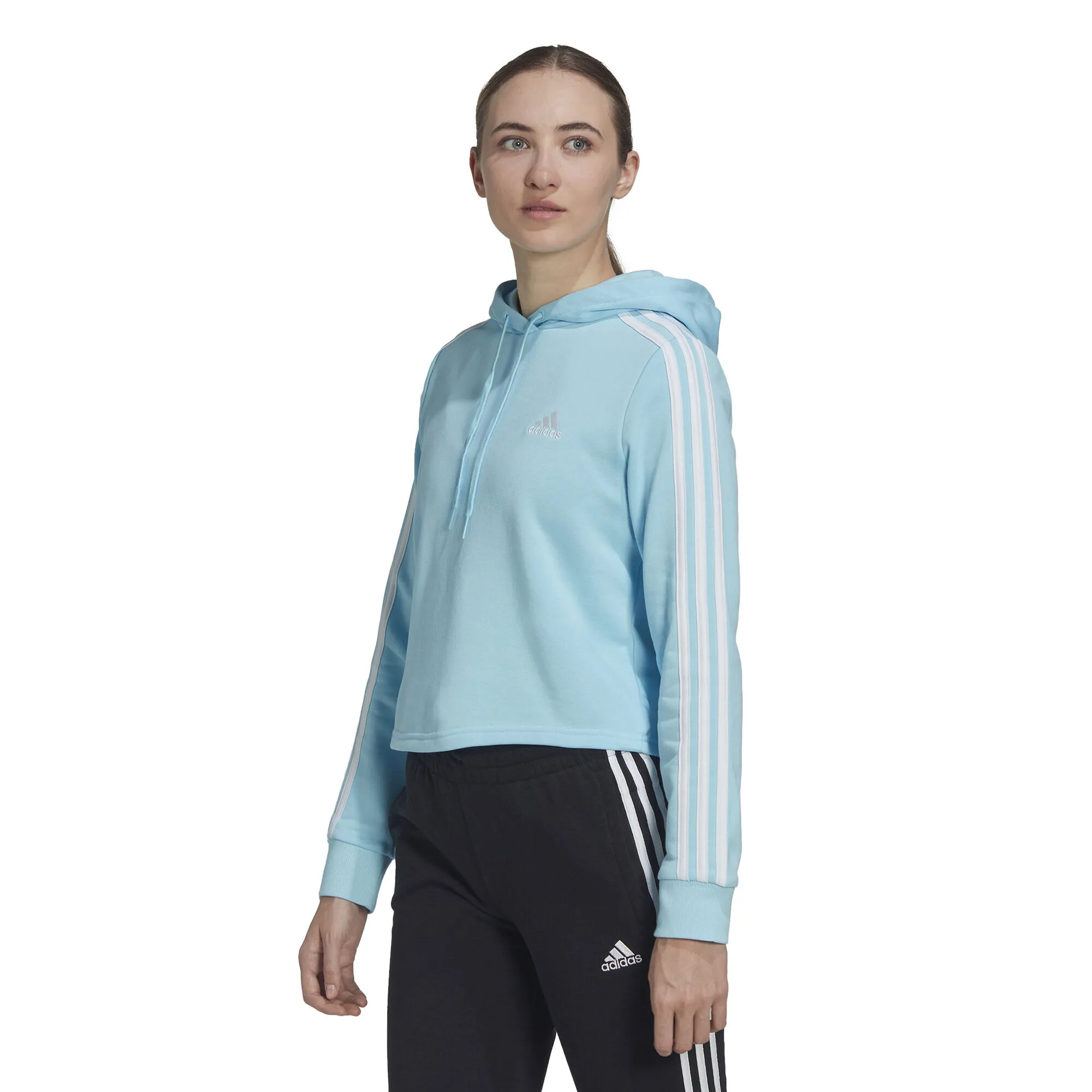 ADIDAS 3 Stripes French Terry Cropped Felpa Con Cappuccio Donna - Blu Chiaro 2 ADIDAS 3 Stripes French Terry Cropped Felpa Con Cappuccio Donna - Blu Chiaro - immagine 2