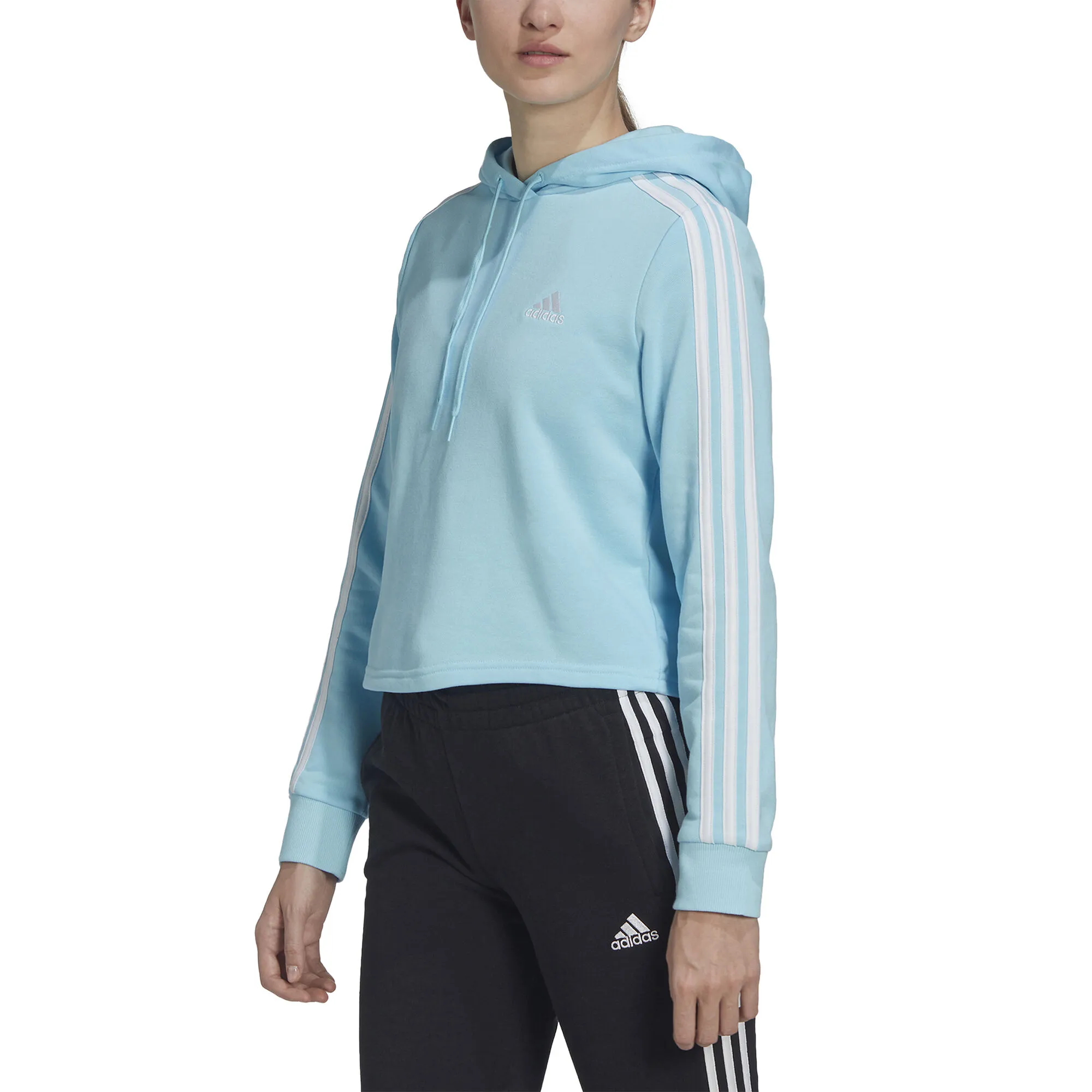 ADIDAS 3 Stripes French Terry Cropped Felpa Con Cappuccio Donna - Blu Chiaro 4 ADIDAS 3 Stripes French Terry Cropped Felpa Con Cappuccio Donna - Blu Chiaro - immagine 4