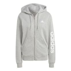 ADIDAS Essentials Linear Full-Zip French Terry Felpa Donna - Grigio Chiaro, Bianco