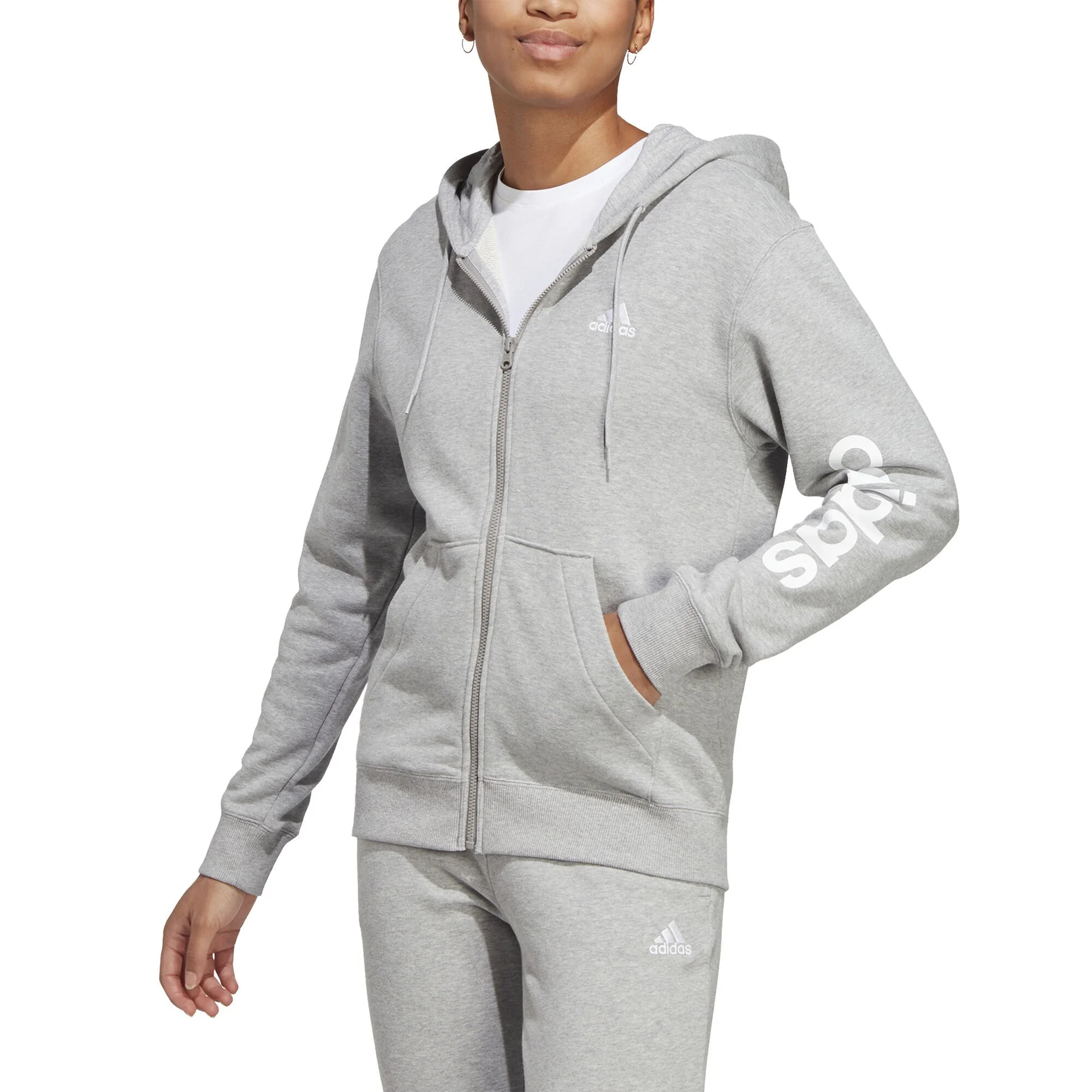ADIDAS Essentials Linear Full-Zip French Terry Felpa Donna - Grigio Chiaro, Bianco 2 ADIDAS Essentials Linear Full-Zip French Terry Felpa Donna - Grigio Chiaro, Bianco - immagine 2