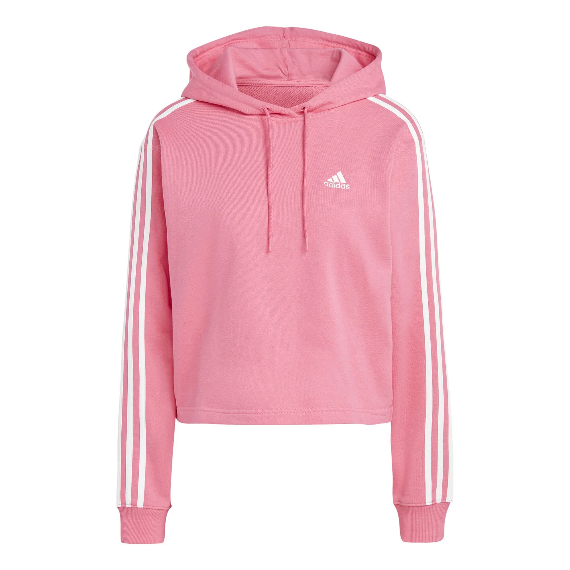 ADIDAS Essentials 3-Stripes French Terry Crop Felpa Con Cappuccio Donna - Rosa, Bianco 1 ADIDAS Essentials 3-Stripes French Terry Crop Felpa Con Cappuccio Donna - Rosa, Bianco