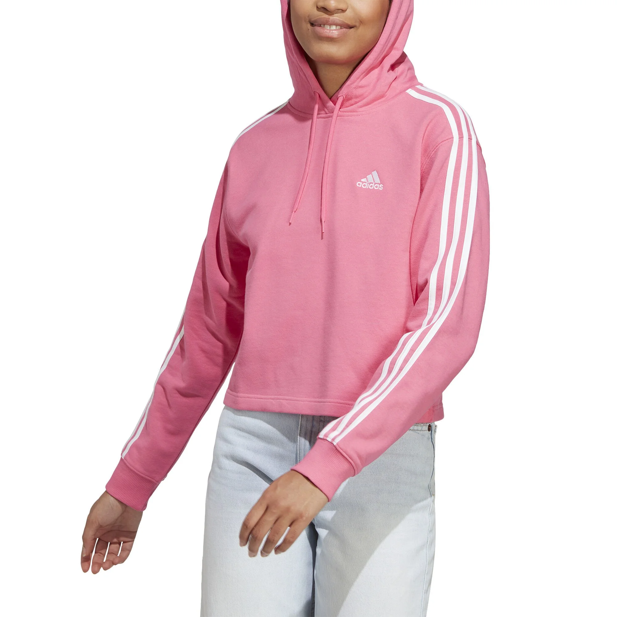 ADIDAS Essentials 3-Stripes French Terry Crop Felpa Con Cappuccio Donna - Rosa, Bianco 2 ADIDAS Essentials 3-Stripes French Terry Crop Felpa Con Cappuccio Donna - Rosa, Bianco - immagine 2