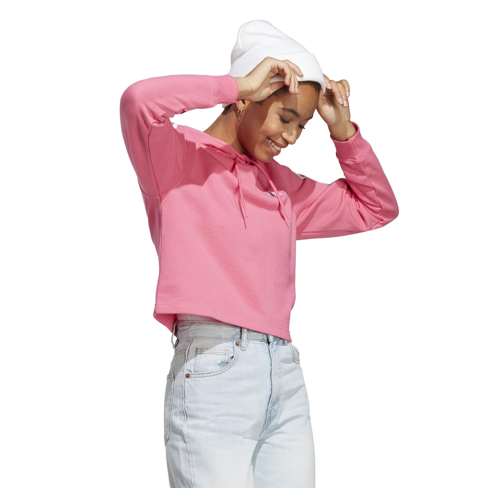 ADIDAS Essentials 3-Stripes French Terry Crop Felpa Con Cappuccio Donna - Rosa, Bianco 4 ADIDAS Essentials 3-Stripes French Terry Crop Felpa Con Cappuccio Donna - Rosa, Bianco - immagine 4